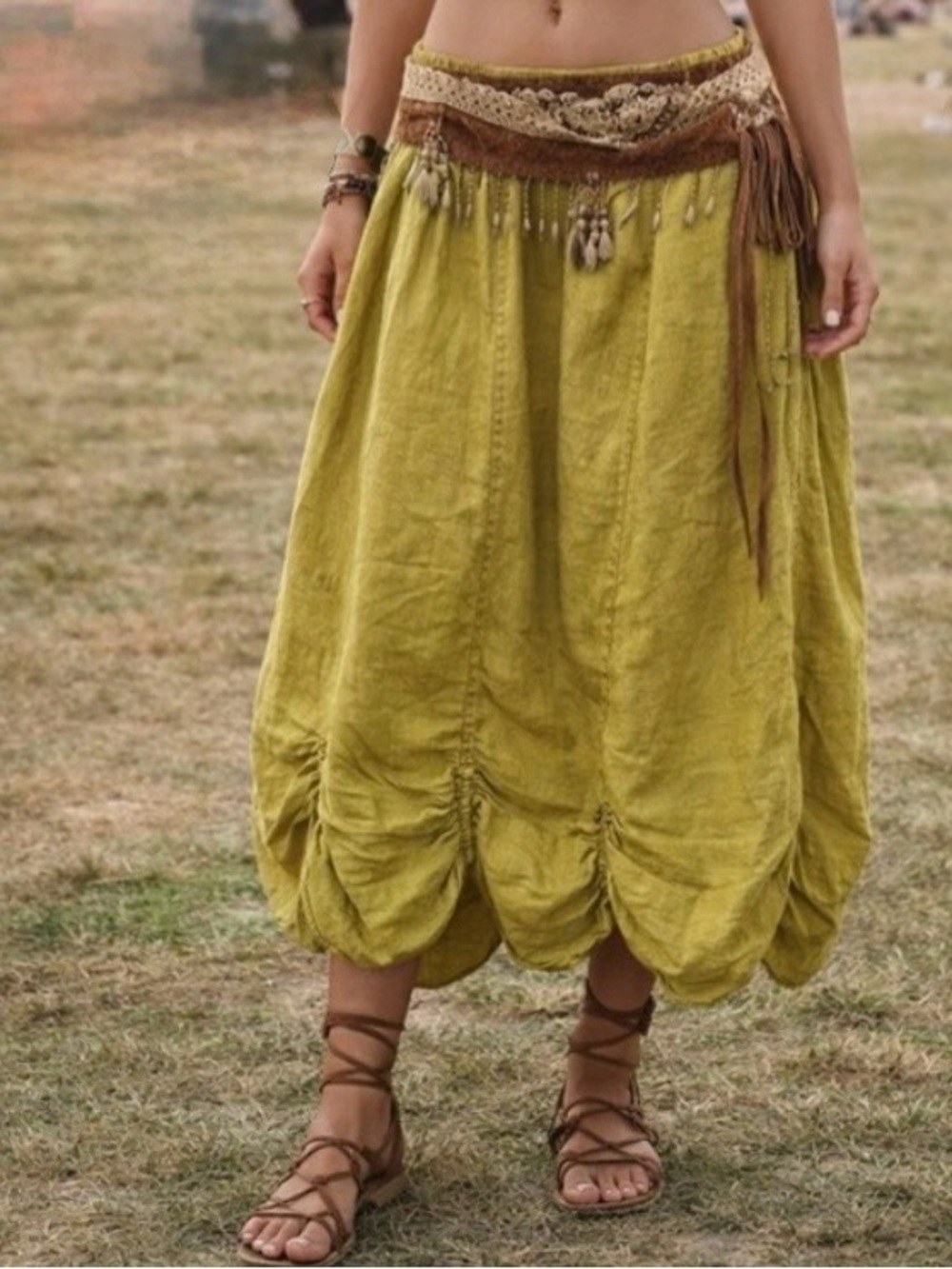 Bohemian Linen Gathered Bubble-Hem Maxi Skirt in Black Lagenlook